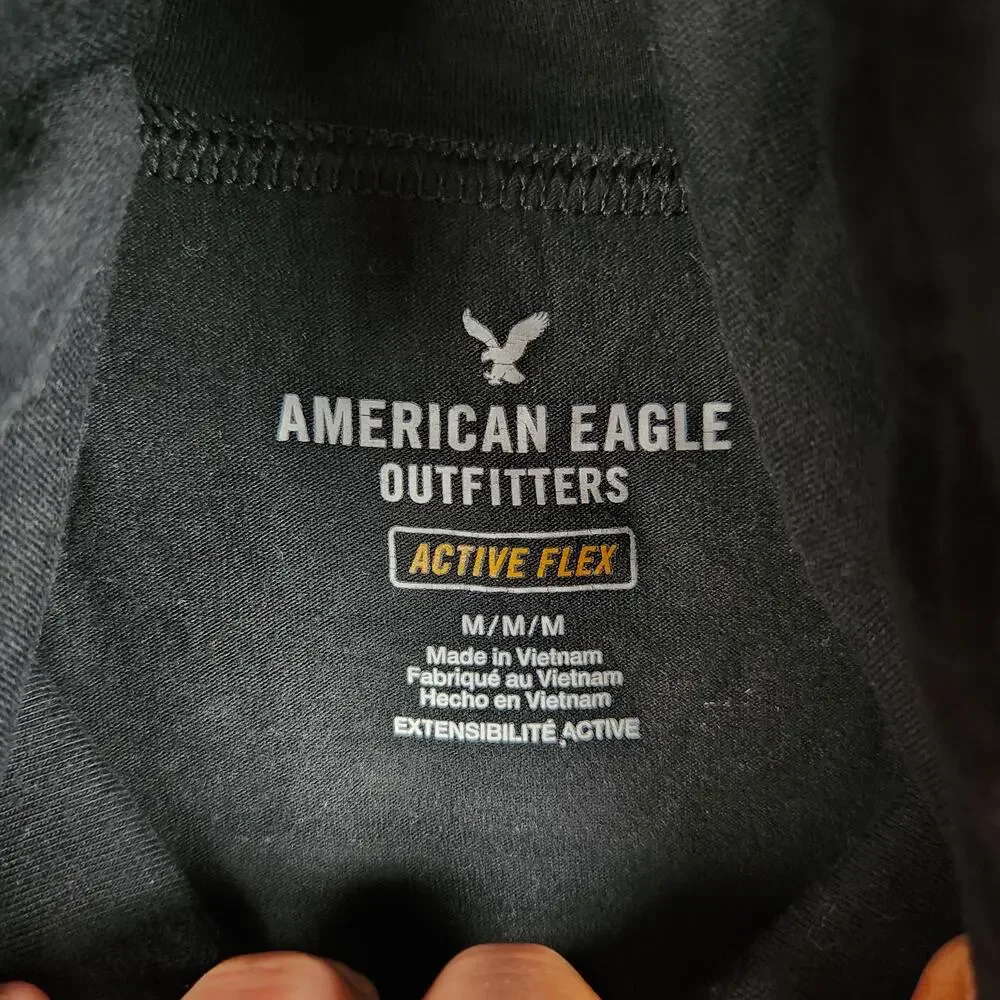 American Eagle Hoodie Mens Medium Black Active Flex Lightweight Sweatshirt Logo